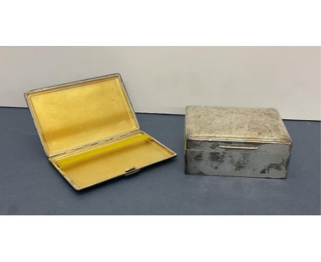A silver cigarette box, 11.2 x 9.2cm. x 5cm. high, together with a silver engine turned cigarette case with gilded interior. 