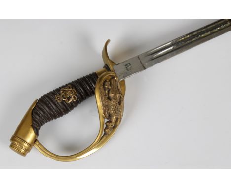 An 1889 pattern Prussian infantry officer's sword, with single-edged double fullered blade, blade length 81cm., stamped 'W. K