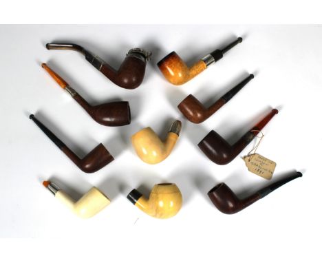 A collection of ten silver mounted Barling briar and meerschaum pipes, of varying forms and dates, eight appear to be unused,