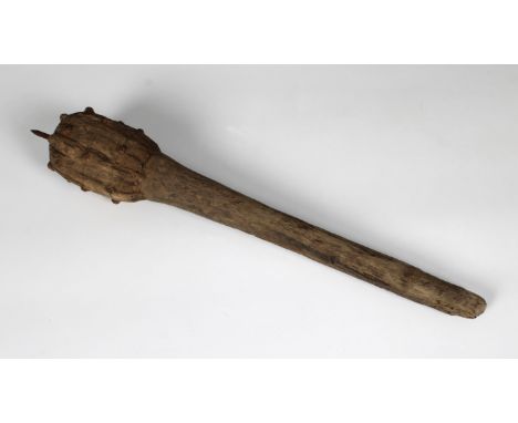 WW1 Trench Club, wooden shaft fitted with hob nail studs and spike to the top, 50cm. overall.