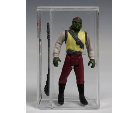 A loose, graded vintage Star Wars Barada with original staff., Cased in acrylic and graded by UK Graders. Figure 85 Paint 80 