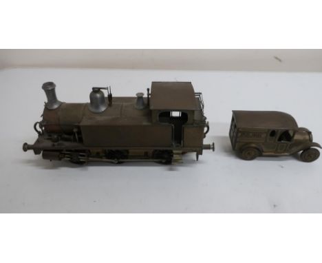 Kit built brass electric model of a 0-6-0 locomotive, and a small brass model of a vintage delivery van (2) 