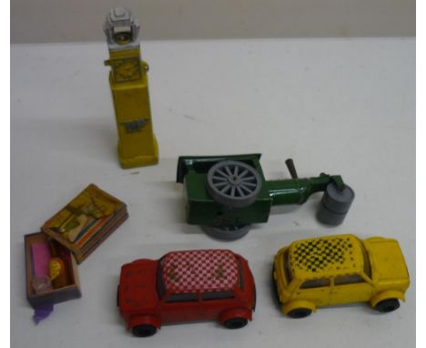 Tri-ang Minic tinplate model of a steamroller, two Scalextric racing mini cars, lead horse and farmer, cast metal BP petrol p