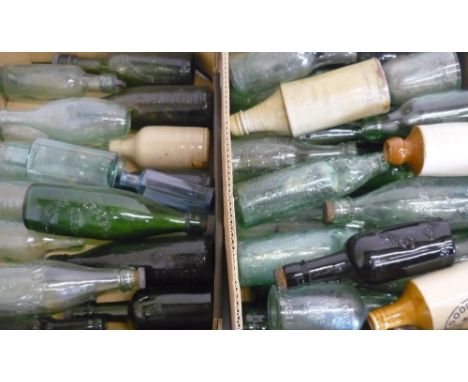 Collection of various bottles included codd, green, brown glass and some ceramic (two boxes)