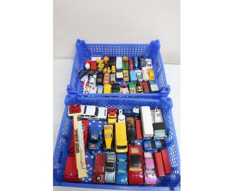 Collection of various scale unboxed die-cast model vehicles including Matchbox Superkings Simon Snorkel fire engine, Police R