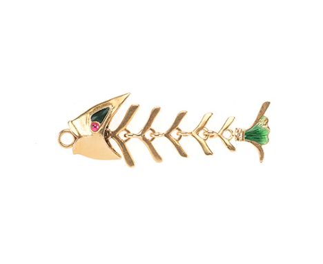 A 9CT GOLD AND ENAMEL PENDANT in the form of a fish,  the head and tail with green enamel detail, the body comprised of six s