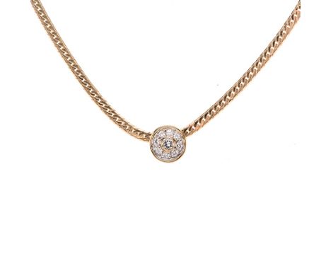 A GOLD NECKLACE WITH DIAMOND ENHANCER the herringbone chain, centred with a moveable circular enhancer, bezel set to the cent