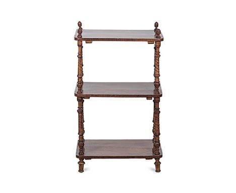 A LATE VICTORIAN MAHOGANY THREE-TIERED WHAT-NOT each rectangular shelf united by turned tapering spindles, the top shelf surm