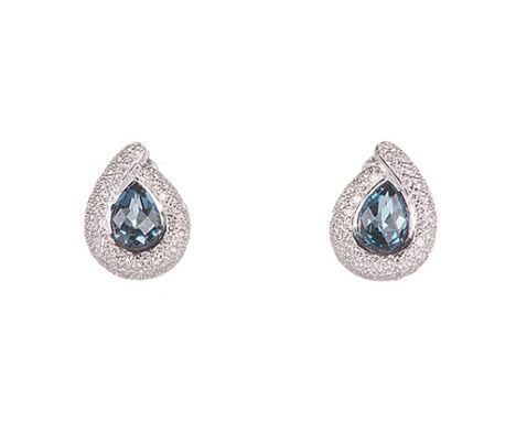 A PAIR OF BLUE TOPAZ AND DIAMOND EARRINGS each centred with a pear-shaped blue topaz weighing approximately 1.35cts for the p