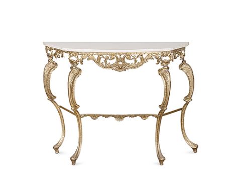 A GILT-METAL MARBLE-TOPPED CONSOLE TABLE, EARLY 20TH CENTURY the shaped marble top above a pierced foliate and scrolling apro