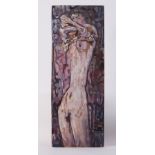 Unframed oil on board titled 'Woman Undressing' c.1957, unframed oil on board, 85cm x 30cm