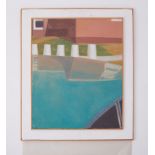 Framed painting titled ' Bollards and Car Roof' 1981, canvas, 68cm x 59cm