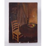Unframed painting titled ' The Attic' 1949, oil on canvas, 35cm x 25cm