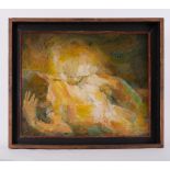 Framed painting titled ' Yellow Nude (1)' 1960, oil on board, 74cm x 89cm