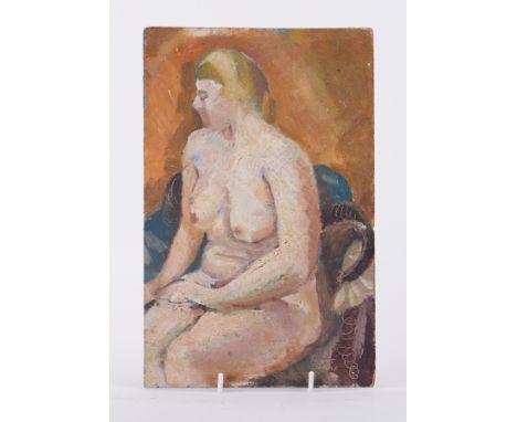 Unframed painting titled 'Seated Nude' c.1955, oil on wood, 29cm x 19 cm, reverse has portrait of man's head