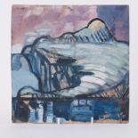 Unframed painting titled 'The Island' c1952, oil on board, 31cm x 38cm, mounted on board.
