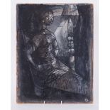 Unframed painting titled ' Girl and Lamp' c.1954, oil on board, 43cm x 33 cm, reverse has rugby
