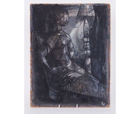 Unframed painting titled 'Girl and Lamp' c.1954, oil on board, 43cm x 33 cm, reverse has rugby players