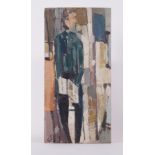 Unframed painting titled 'Seated Figure with Book' c.1957, oil on board, 61cm x 30cm