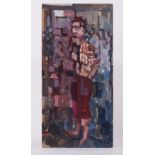 Unframed painting titled ' Woman in Striped Blouse', 1957, oil/cardboard, 61cm x 30cm