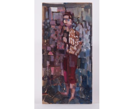 Unframed painting titled 'Woman in Striped Blouse', 1957, oil/cardboard, 61cm x 30cm