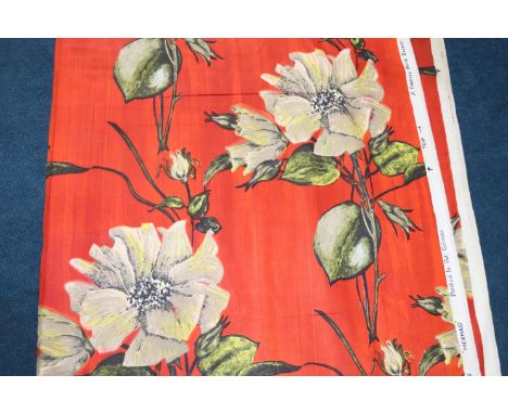 A piece of fabric, Francis Price screen print, "Mermaid", with red ground and floral pattern, 121cm wide x 4m 40cm long