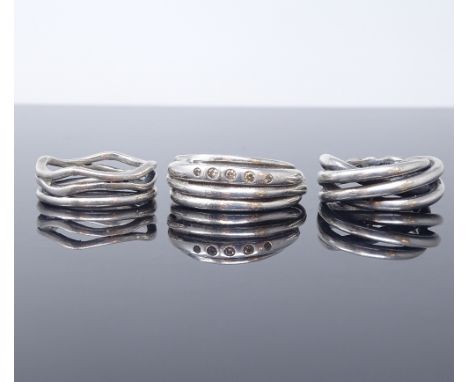 3 Danish sterling silver interwoven stylised band rings, including example by Jens J Aagaard, largest band width 10mm, 28.4g 