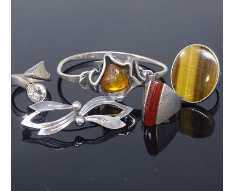 NIELS ERIK FROM - various Vintage Danish sterling silver stone set jewellery, comprising rings, brooch and bracelet, stones i