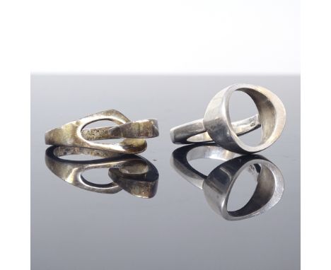 NIELS ERIK FROM - 2 Danish sterling silver modernist stylised rings, maker's marks From, interconnected ring size L, vacant p