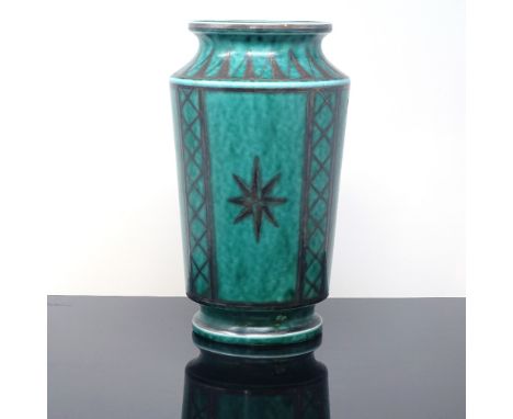 WILHELM KAGE FOR GUSTAVSBERG - an Art Deco Swedish green glaze ceramic Argenta vase, circa 1930s, tapered cylindrical form wi