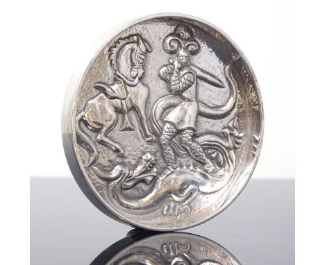 CARLO OLUF SVEND SORENSEN - a Danish sterling silver George and the Dragon circular modernist dish, relief decoration with ra