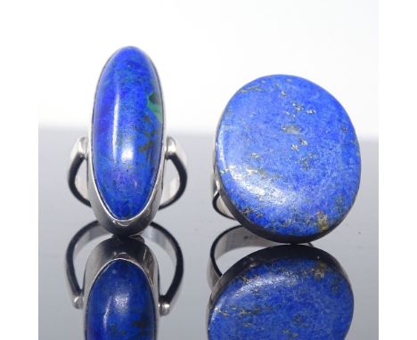 DAVID BENDY - a Danish sterling silver and lapis lazuli modernist marquise panel ring, panel height 35.6mm, size O, and SUSAN