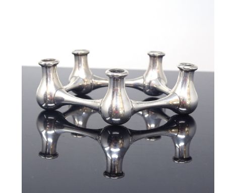 E DRAGSTED - a mid-century Danish silver plated stylised modernist 5-section table centre taper stick candle holder, pentagon