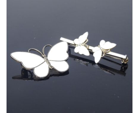 VOLMER BAHNER - 2 Vintage Danish vermeil sterling silver and white enamel butterfly brooches, single butterfly wingspan 35.1m