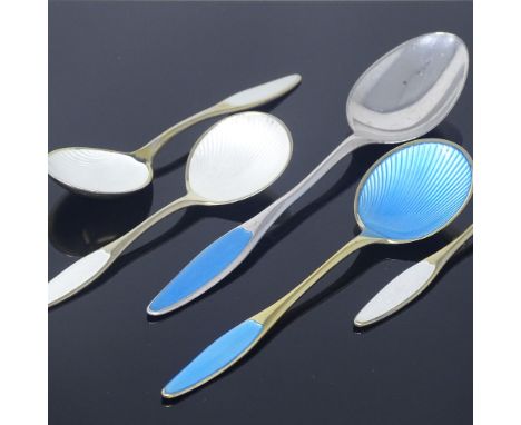 FRIGAST - a Vintage set of Danish silver and enamel spoons, comprising 3x teaspoons, 1x preserve spoon, and 1x dessert spoon,
