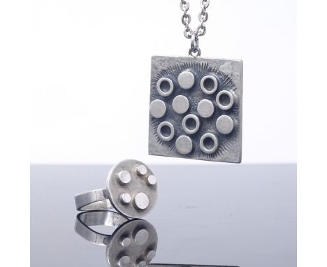 R TENN - a Swedish pewter modernist abstract pendant necklace, and a similar stylised silver ring with square shank, pendant 