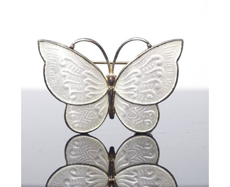 KARIN PEDERSEN FOR JEMAX - a Vintage Danish vermeil sterling silver and white enamel butterfly brooch, stylised wing settings