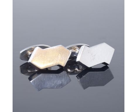 BENT KNUDSEN - a pair of Danish sterling silver modernist abstract panel cufflinks, maker's marks Bent K, panel length 22.5mm