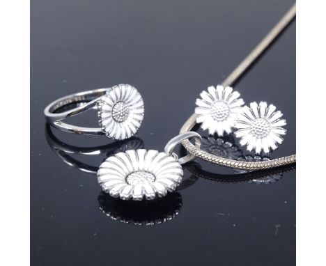 A Danish sterling silver and white enamel demi-parure, comprising pendant necklace, ring and pair of earrings, maker's marks 
