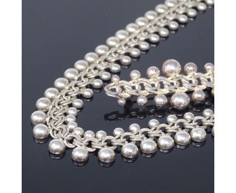 HERMANN SIERSBOL - a Vintage Danish silver matching necklace and brooch set, double-link chain with semi-spherical bead edge,