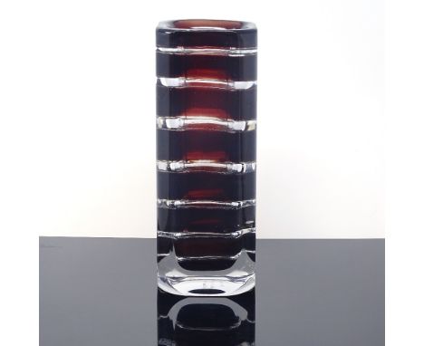 EDVIN OHRSTROM FOR ORREFORS - a mid-century Swedish red glass Ariel vase, circa 1950s, cuboid form with horizontal bands of a