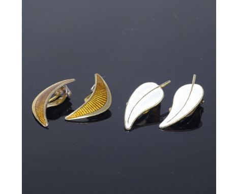 VOLMER BAHNER - a pair of Danish vermeil sterling silver and white enamel leaf clip earrings, and a pair of KARIN PEDERSEN FO