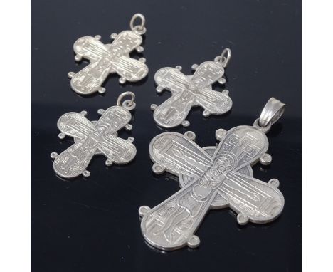4 Vintage Danish silver cross pendants, engraved Saint decoration, largest height 56.9mm, 30g total, (4)

All in very good or