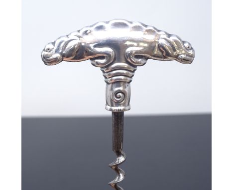 COHR ATLA - an Art Nouveau Danish silver plated corkscrew, reptile design handle with steel worm helix, maker's mark ATLA, ov