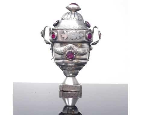 A Danish unmarked silver ruby marriage box, hinged lid and base with bright-cut swag decoration, height 10cm, 2.5oz

Very goo