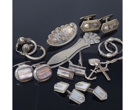 Various Scandinavian silver stylised jewellery, including Hugo Grun bookmark, C Brumberg Hansen pair of mother-of-pearl cuffl