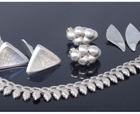 Various Danish silver modernist jewellery, including pair of Ulrich cufflinks and pair of Ulrich ear clips, bracelet length 1