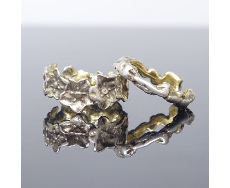 FLORA DANICA JEWELLERY - 2 Danish vermeil sterling silver modernist band rings, maker's marks FDJ, floral band with 9.7mm, bo