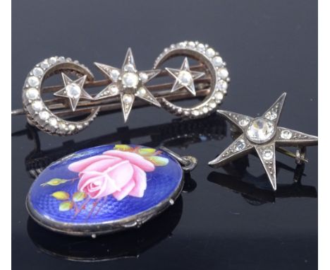 A Swedish silver and paste crescent moon and star brooch (in C G Hallberg box), a similar silver and paste star brooch, and a