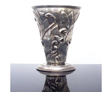 SVEND HAMMERSHOI - a rare Art Nouveau Danish silver vase, fluted stylised form with relief embossed floral decoration and pie